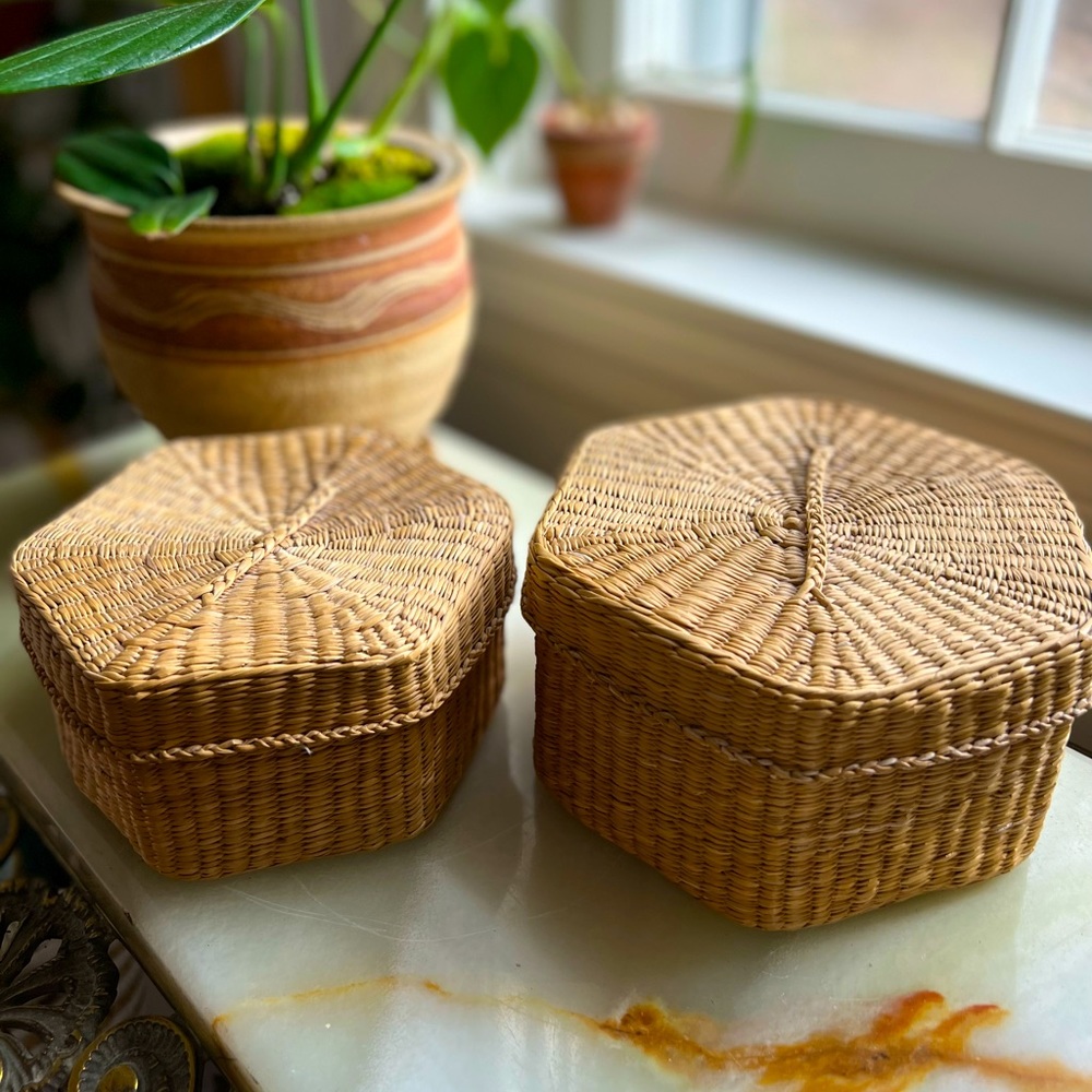 Two rattan natural octagon baskets with lid